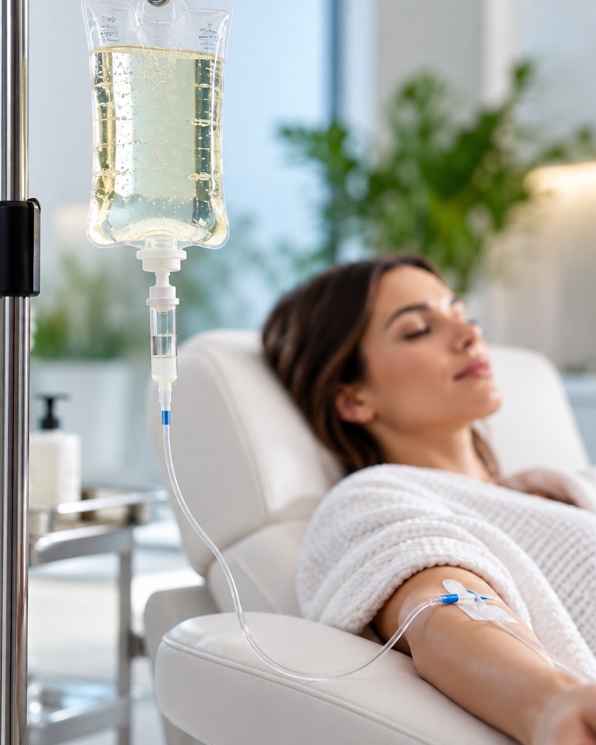 A patient reclined in a clinic chair receiving an intravenous vitamin infusion, cannula secured in her forearm